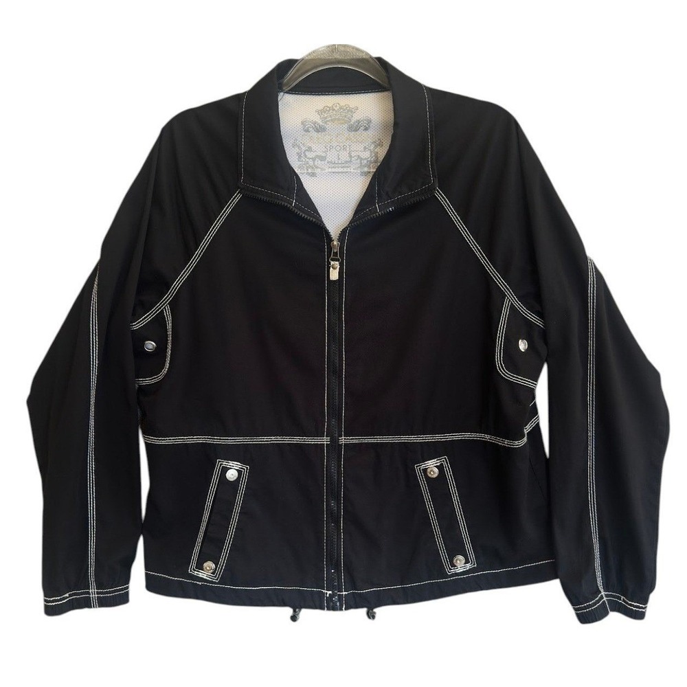 Oleg Cassini Sport Windbreaker Womens L Black Contrast Stitch Utility Jacket L